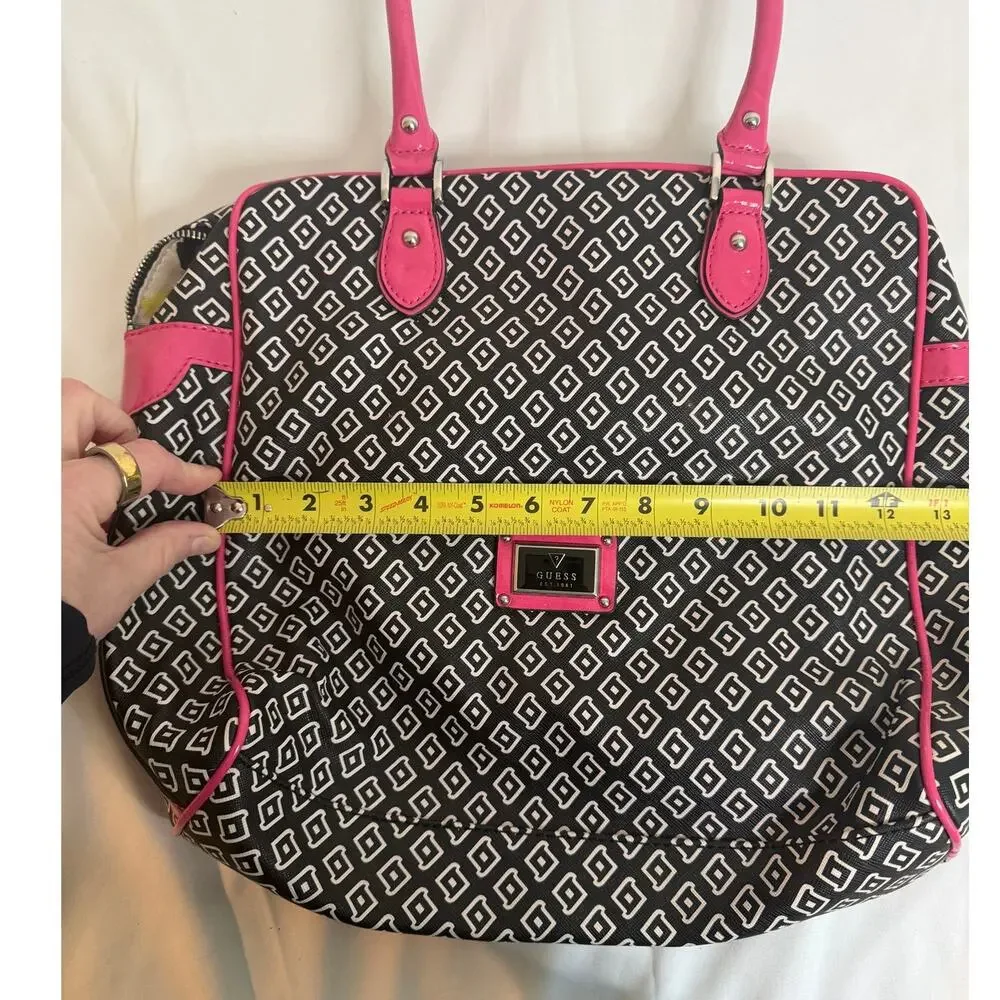 GUESS Satchel Black/White with Pink Trim Zipper Closure Handbag